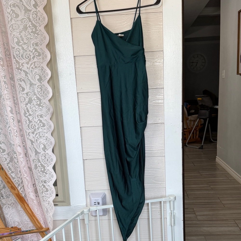 Windsor Dark Green Asymmetrical Spaghetti Strap Dress